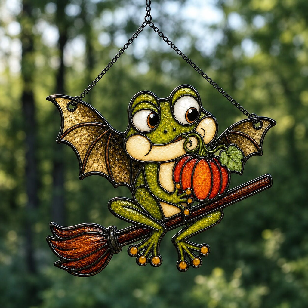 Bat Wing Frog on Broomstick with Pumpkin Holographic Acrylic Suncatcher