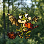 Bat Wing Frog on Broomstick with Pumpkin Holographic Acrylic Suncatcher