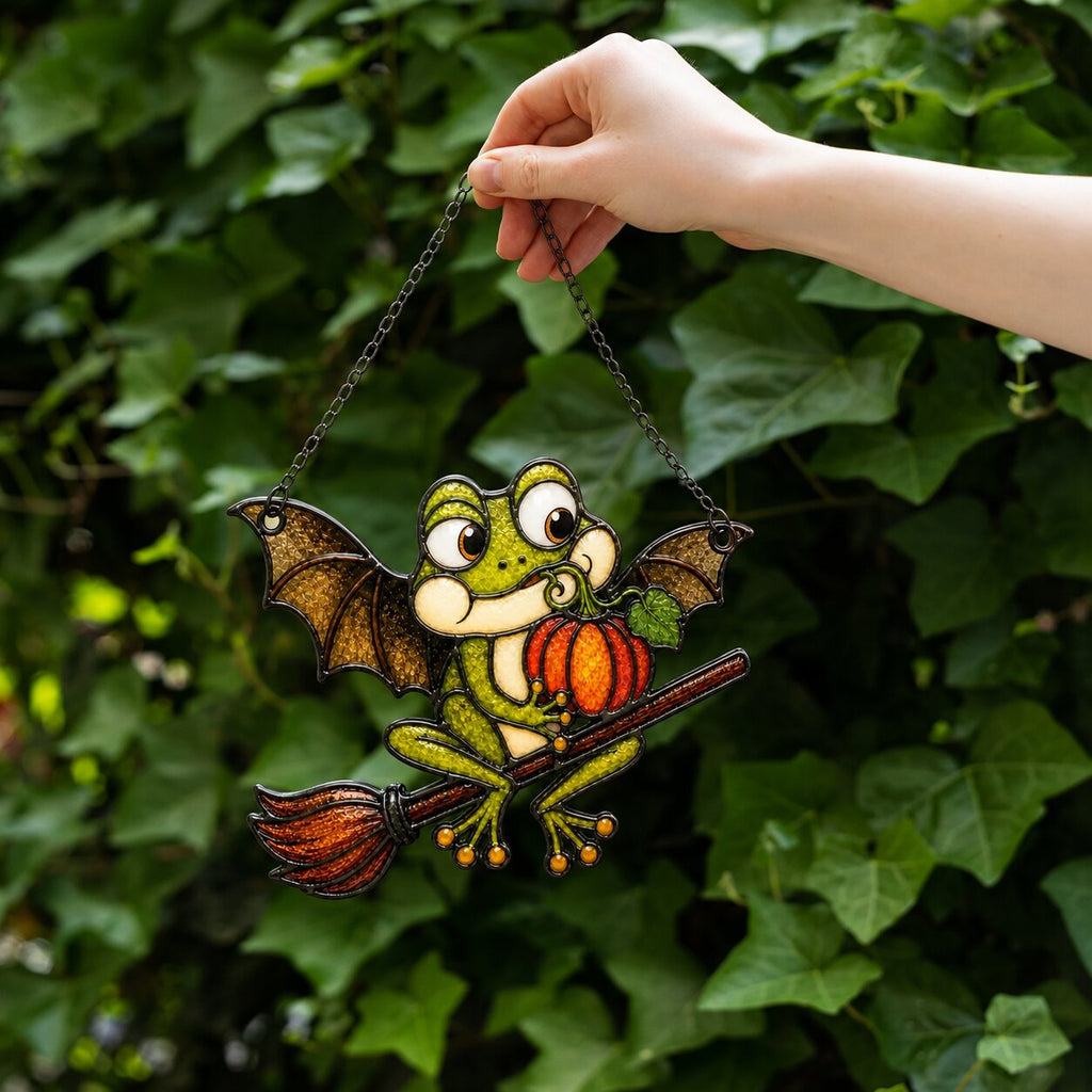 Bat Wing Frog on Broomstick with Pumpkin Holographic Acrylic Suncatcher