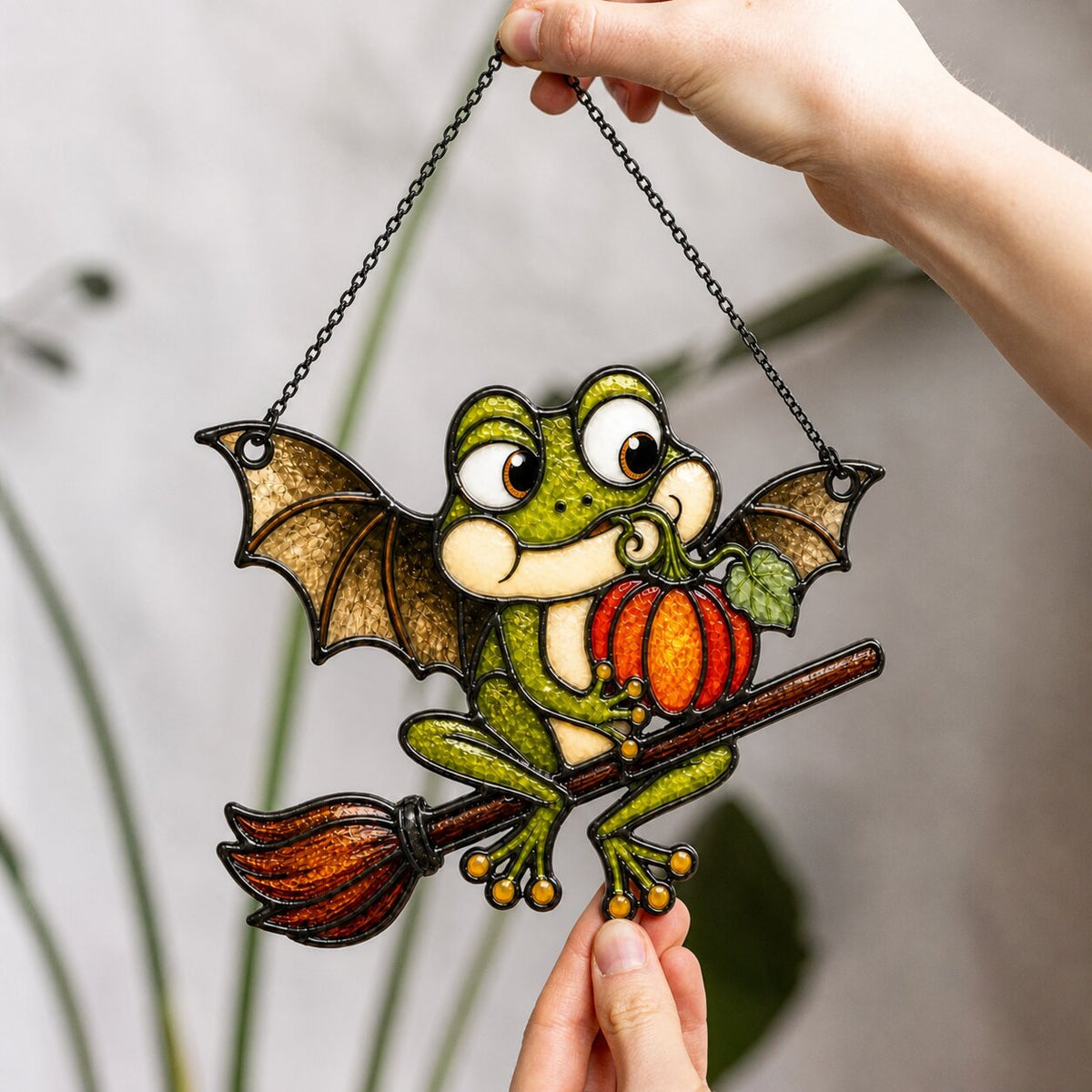 Bat Wing Frog on Broomstick with Pumpkin Holographic Acrylic Suncatcher