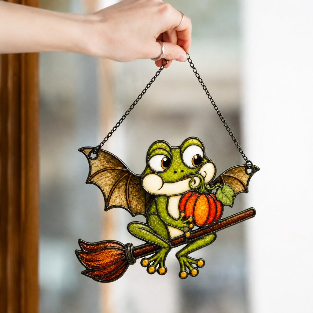Bat Wing Frog on Broomstick with Pumpkin Holographic Acrylic Suncatcher