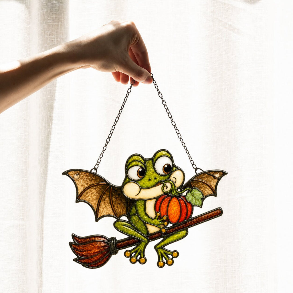 Bat Wing Frog on Broomstick with Pumpkin Holographic Acrylic Suncatcher