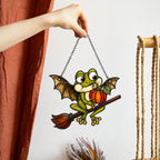Bat Wing Frog on Broomstick with Pumpkin Holographic Acrylic Suncatcher