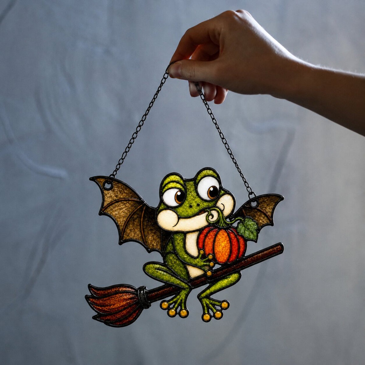 Bat Wing Frog on Broomstick with Pumpkin Holographic Acrylic Suncatcher