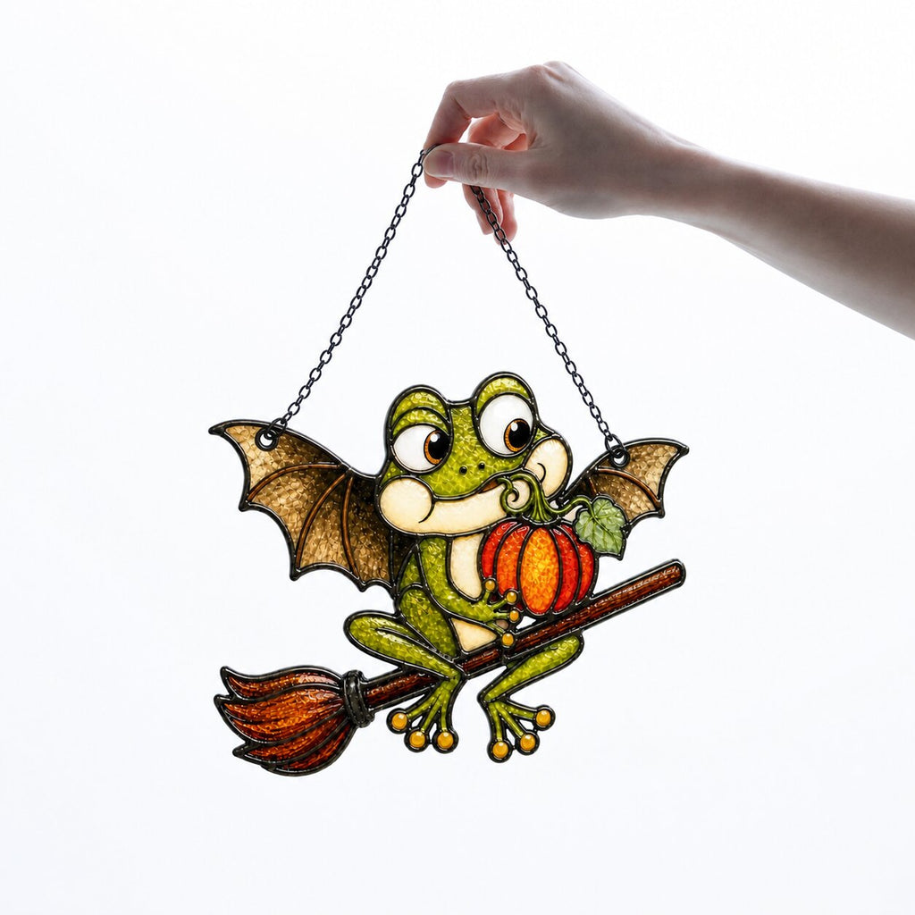Bat Wing Frog on Broomstick with Pumpkin Holographic Acrylic Suncatcher