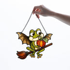 Bat Wing Frog on Broomstick with Pumpkin Holographic Acrylic Suncatcher