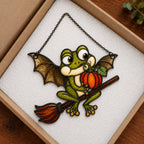Bat Wing Frog on Broomstick with Pumpkin Holographic Acrylic Suncatcher