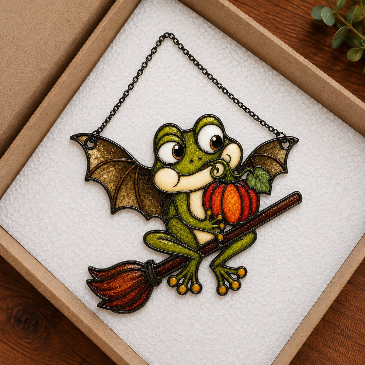 Bat Wing Frog on Broomstick with Pumpkin Holographic Acrylic Suncatcher