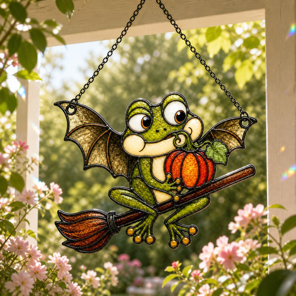 Bat Wing Frog on Broomstick with Pumpkin Holographic Acrylic Suncatcher