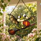 Bat Wing Frog on Broomstick with Pumpkin Holographic Acrylic Suncatcher