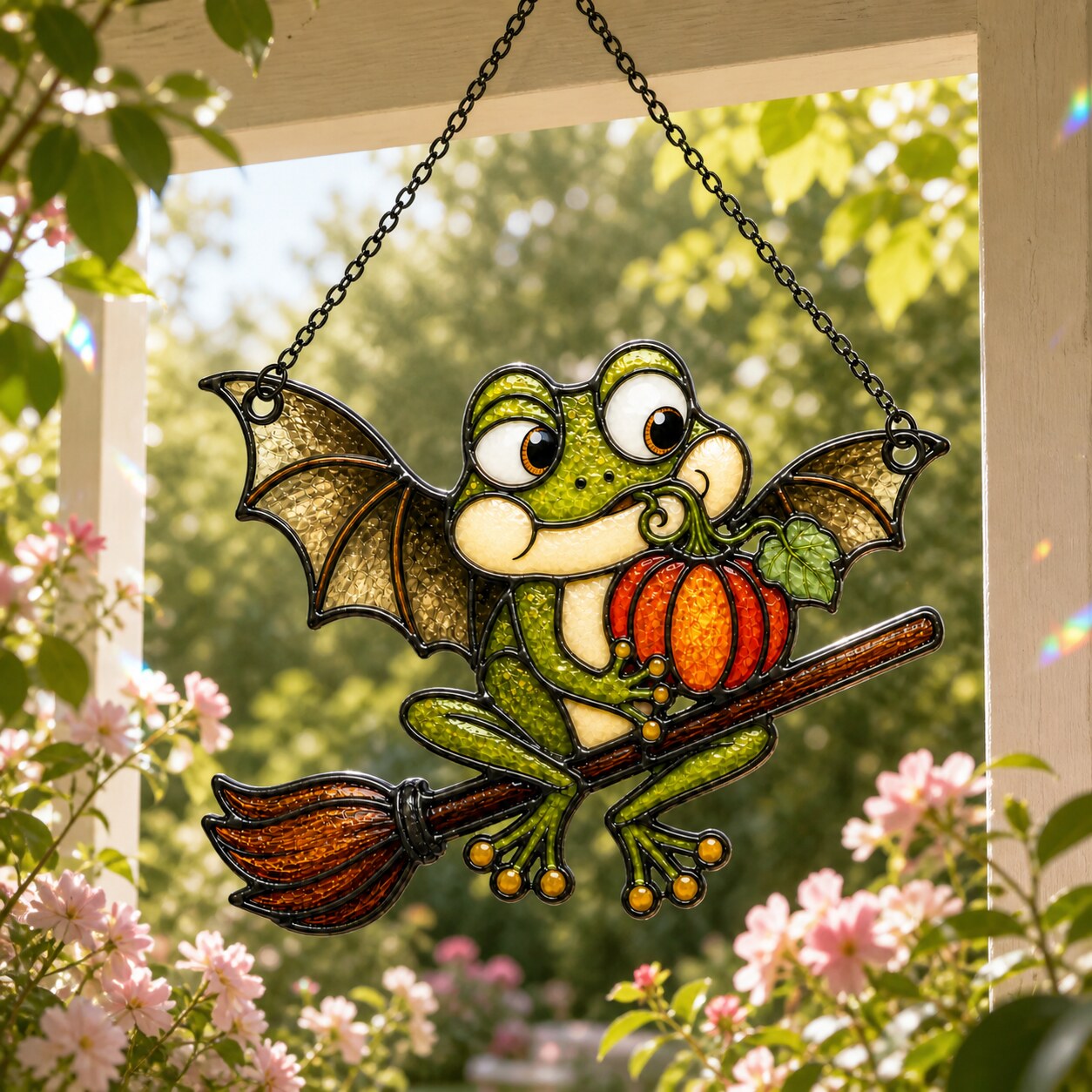 Bat Wing Frog on Broomstick with Pumpkin Holographic Acrylic Suncatcher