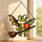 Bat Wing Frog on Broomstick with Pumpkin Holographic Acrylic Suncatcher
