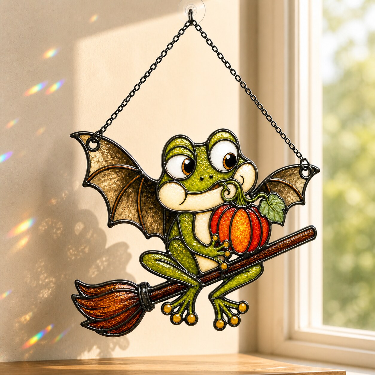 Bat Wing Frog on Broomstick with Pumpkin Holographic Acrylic Suncatcher