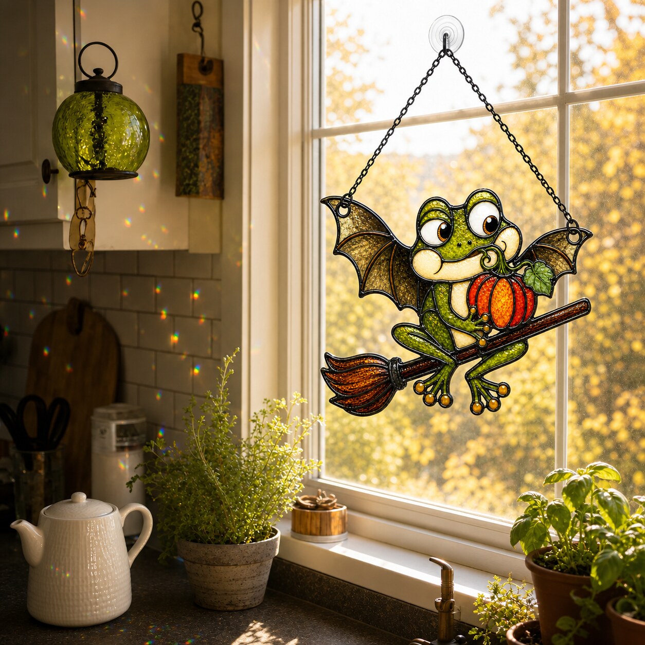 Bat Wing Frog on Broomstick with Pumpkin Holographic Acrylic Suncatcher