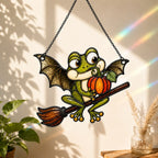 Bat Wing Frog on Broomstick with Pumpkin Holographic Acrylic Suncatcher