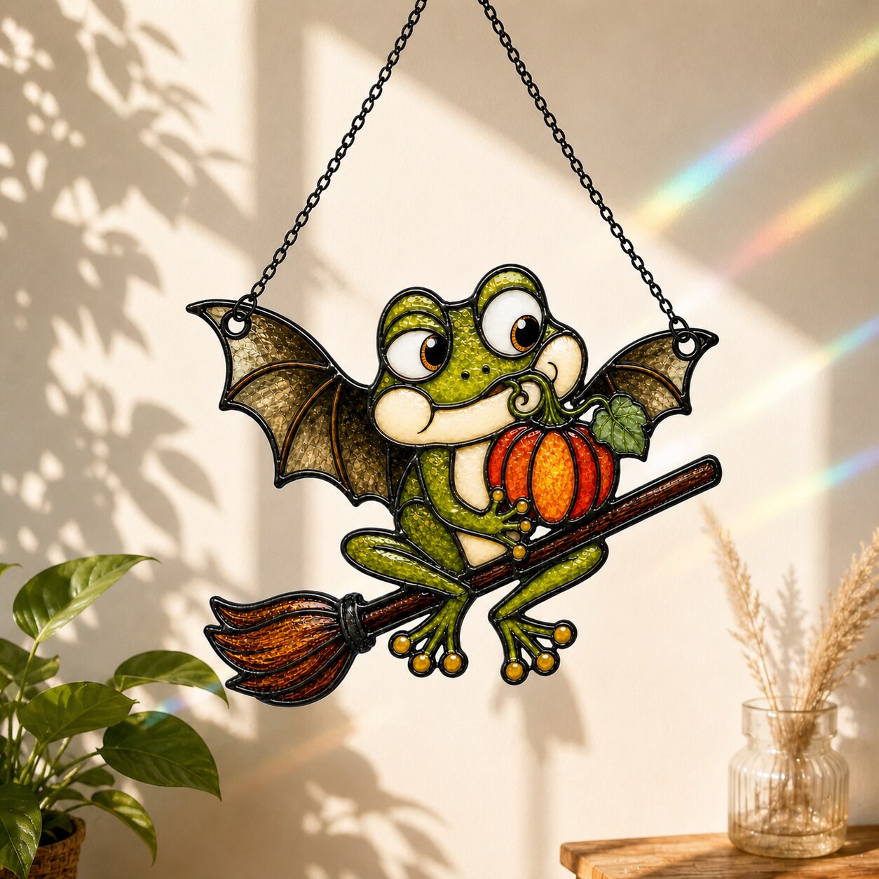 Bat Wing Frog on Broomstick with Pumpkin Holographic Acrylic Suncatcher