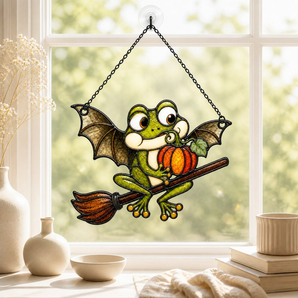 Bat Wing Frog on Broomstick with Pumpkin Holographic Acrylic Suncatcher
