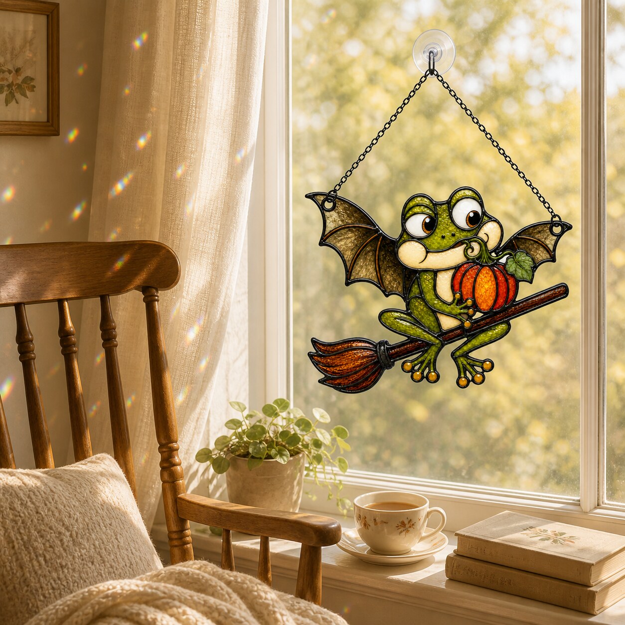 Bat Wing Frog on Broomstick with Pumpkin Holographic Acrylic Suncatcher