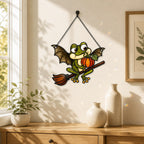 Bat Wing Frog on Broomstick with Pumpkin Holographic Acrylic Suncatcher