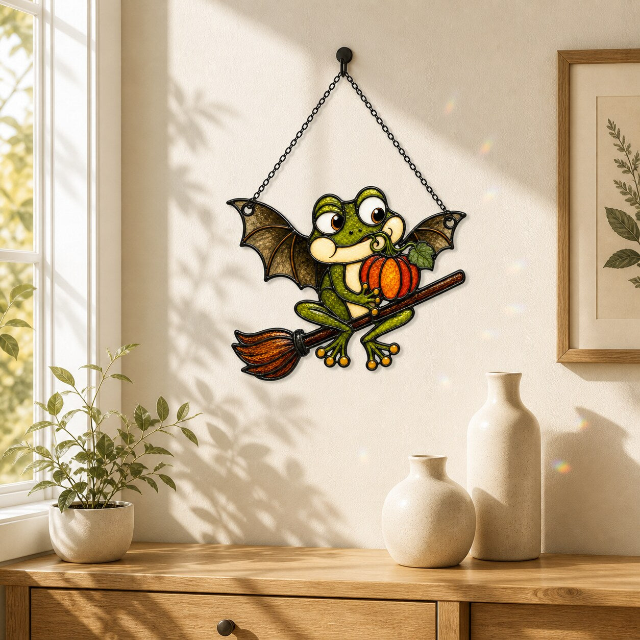 Bat Wing Frog on Broomstick with Pumpkin Holographic Acrylic Suncatcher