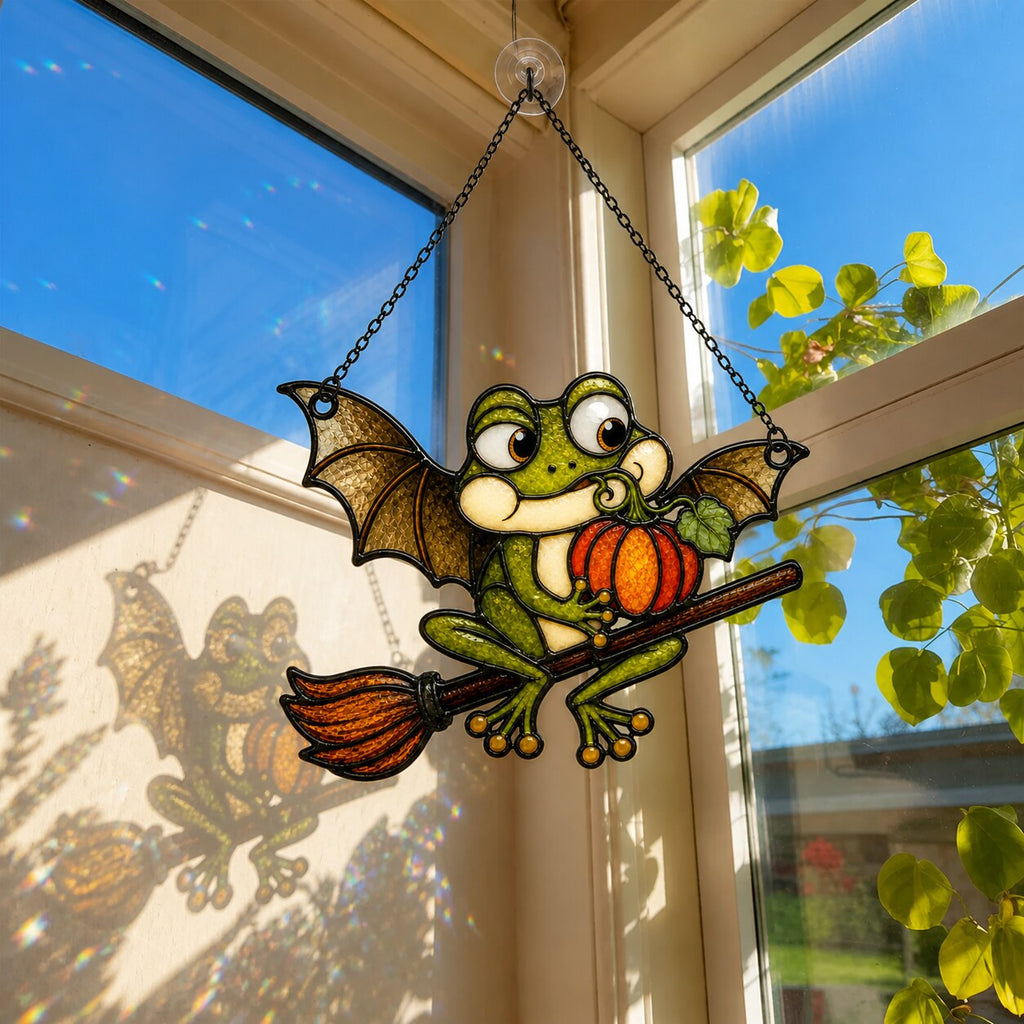 Bat Wing Frog on Broomstick with Pumpkin Holographic Acrylic Suncatcher