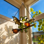 Bat Wing Frog on Broomstick with Pumpkin Holographic Acrylic Suncatcher
