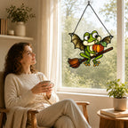 Bat Wing Frog on Broomstick with Pumpkin Holographic Acrylic Suncatcher