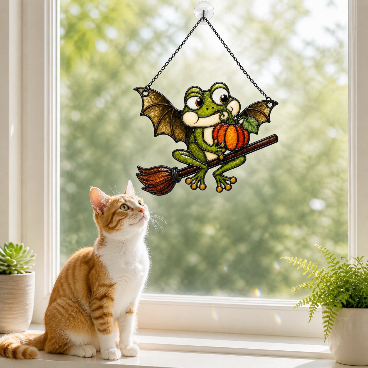 Bat Wing Frog on Broomstick with Pumpkin Holographic Acrylic Suncatcher