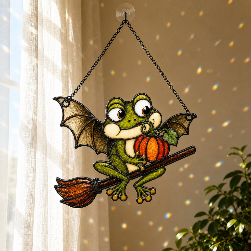 Bat Wing Frog on Broomstick with Pumpkin Holographic Acrylic Suncatcher