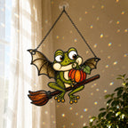 Bat Wing Frog on Broomstick with Pumpkin Holographic Acrylic Suncatcher