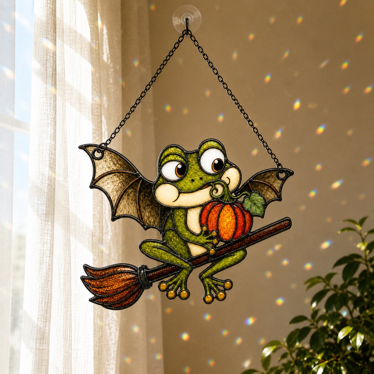 Bat Wing Frog on Broomstick with Pumpkin Holographic Acrylic Suncatcher