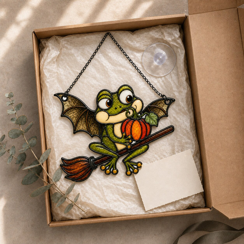 Bat Wing Frog on Broomstick with Pumpkin Holographic Acrylic Suncatcher