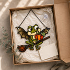 Bat Wing Frog on Broomstick with Pumpkin Holographic Acrylic Suncatcher