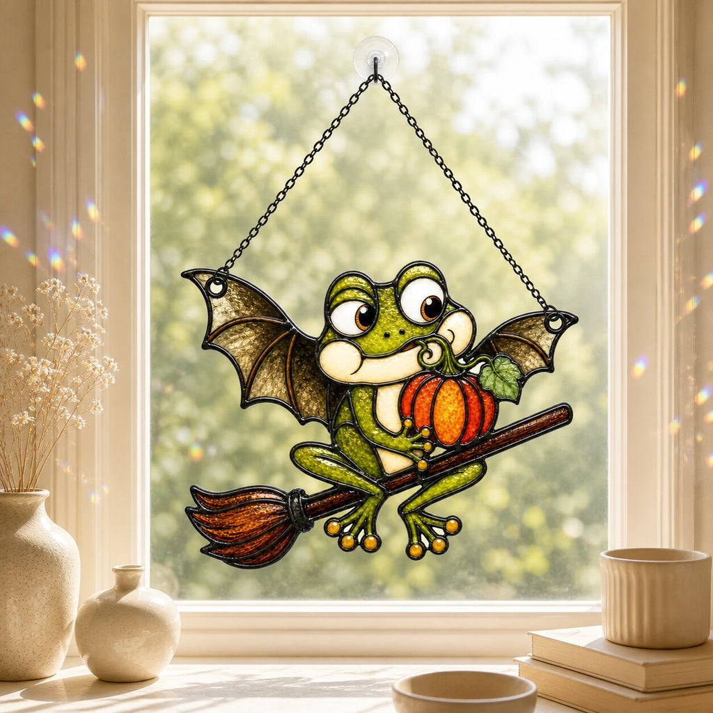 Bat Wing Frog on Broomstick with Pumpkin Holographic Acrylic Suncatcher