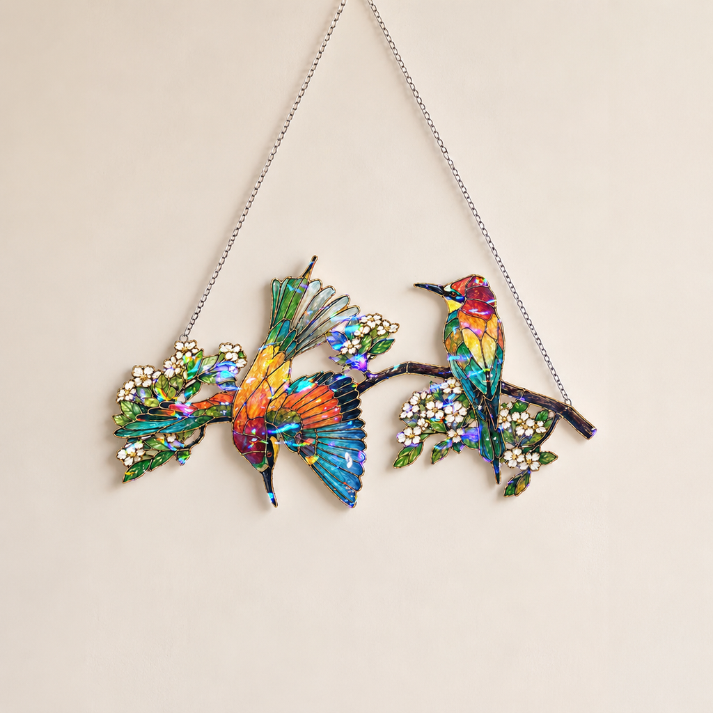Bee-eaters on a blossom branch holographic suncatcher shown from an angle highlighting its holographic shimmer