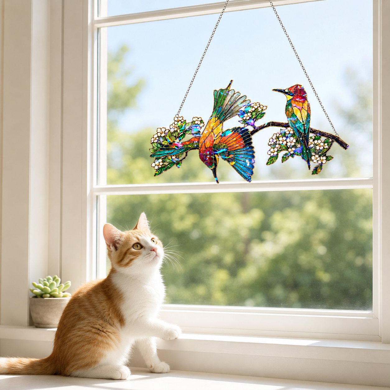 Bee-eaters on a blossom branch holographic acrylic suncatcher reflecting rainbow light across a room