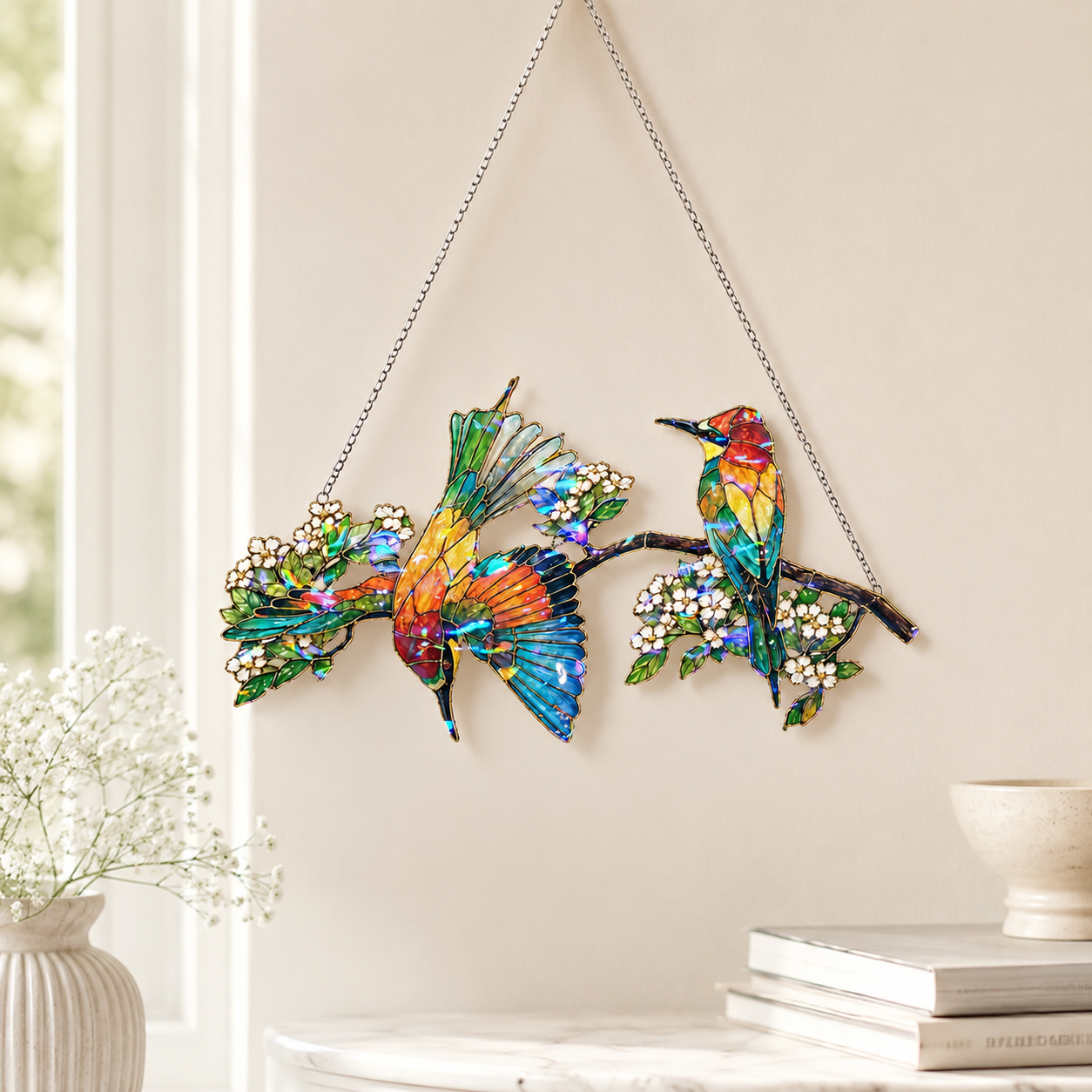 Bee-eaters on a blossom branch holographic suncatcher as a bird and garden lover gift idea