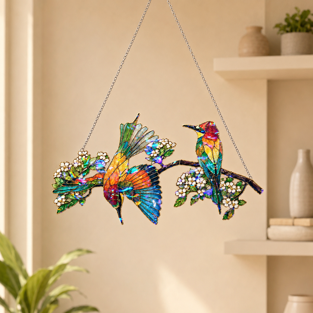 Bee-eaters on a blossom branch acrylic suncatcher available in 6, 8, 10 and 12 inch sizes