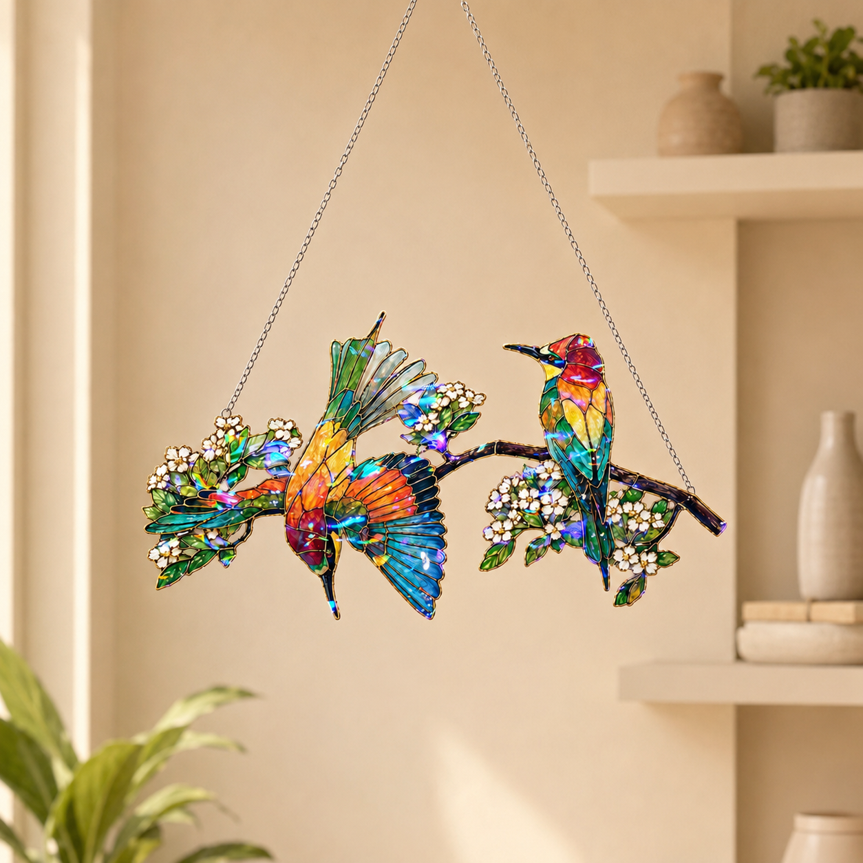 Bee-eaters on a blossom branch acrylic suncatcher available in 6, 8, 10 and 12 inch sizes