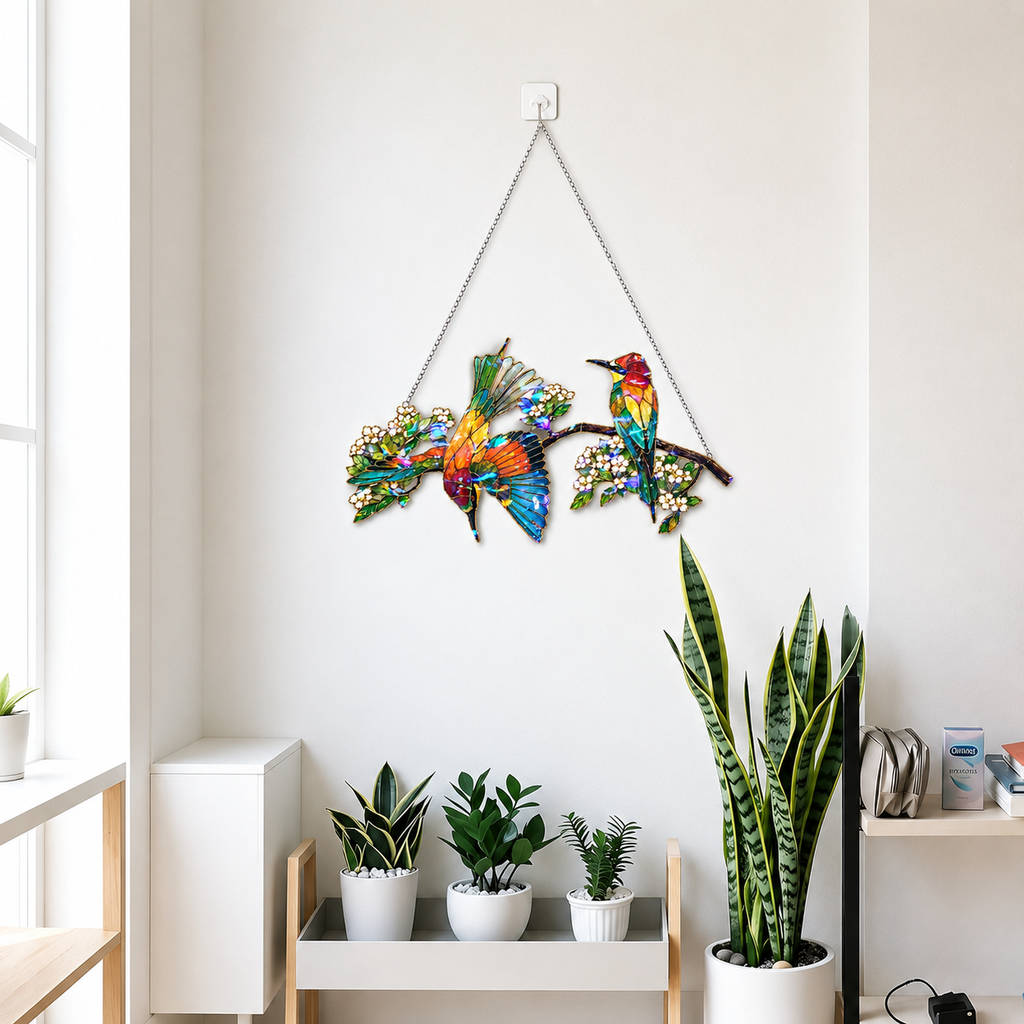 Bee-eaters on a blossom branch holographic suncatcher displayed indoors as a nature-inspired window hanging