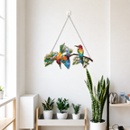 Bee-eaters on a blossom branch holographic suncatcher displayed indoors as a nature-inspired window hanging