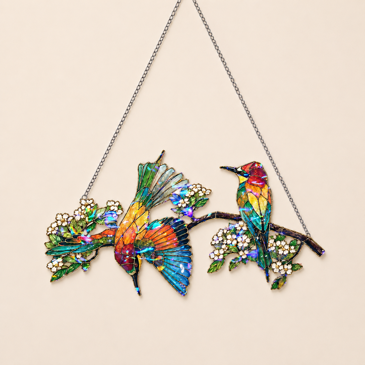 Bee-eaters on a blossom branch holographic suncatcher shown full size, ready to hang with cord