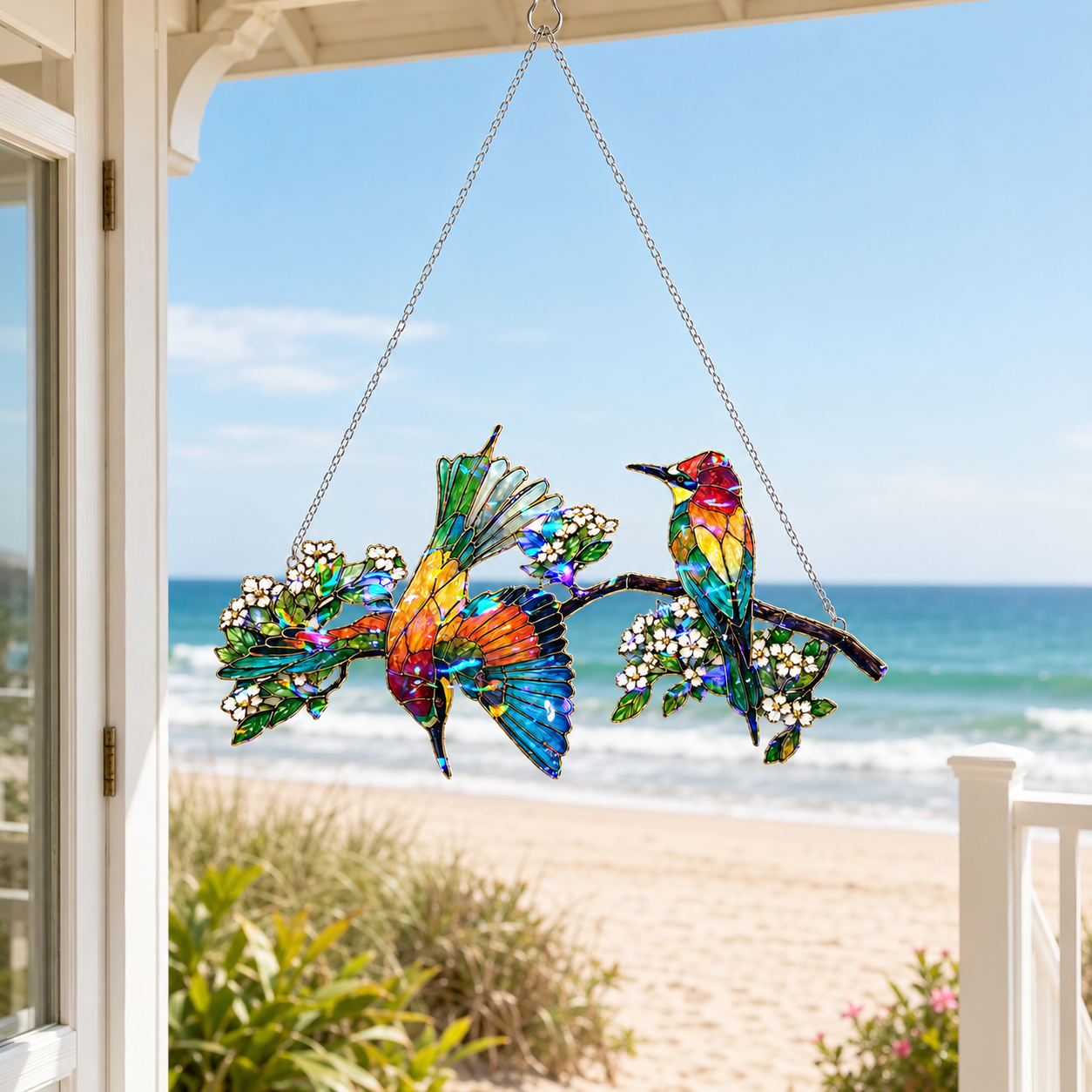 Bee-eaters on a blossom branch holographic acrylic suncatcher with rainbow broken-glass hologram finish, hanging window ornament