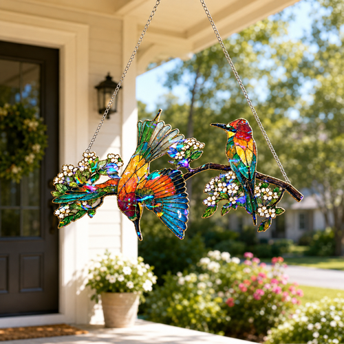 Bee-eaters on a blossom branch holographic suncatcher catching sunlight and casting rainbow reflections in a window