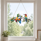Bee-eaters on a blossom branch acrylic suncatcher hanging in a sunlit window as home decor
