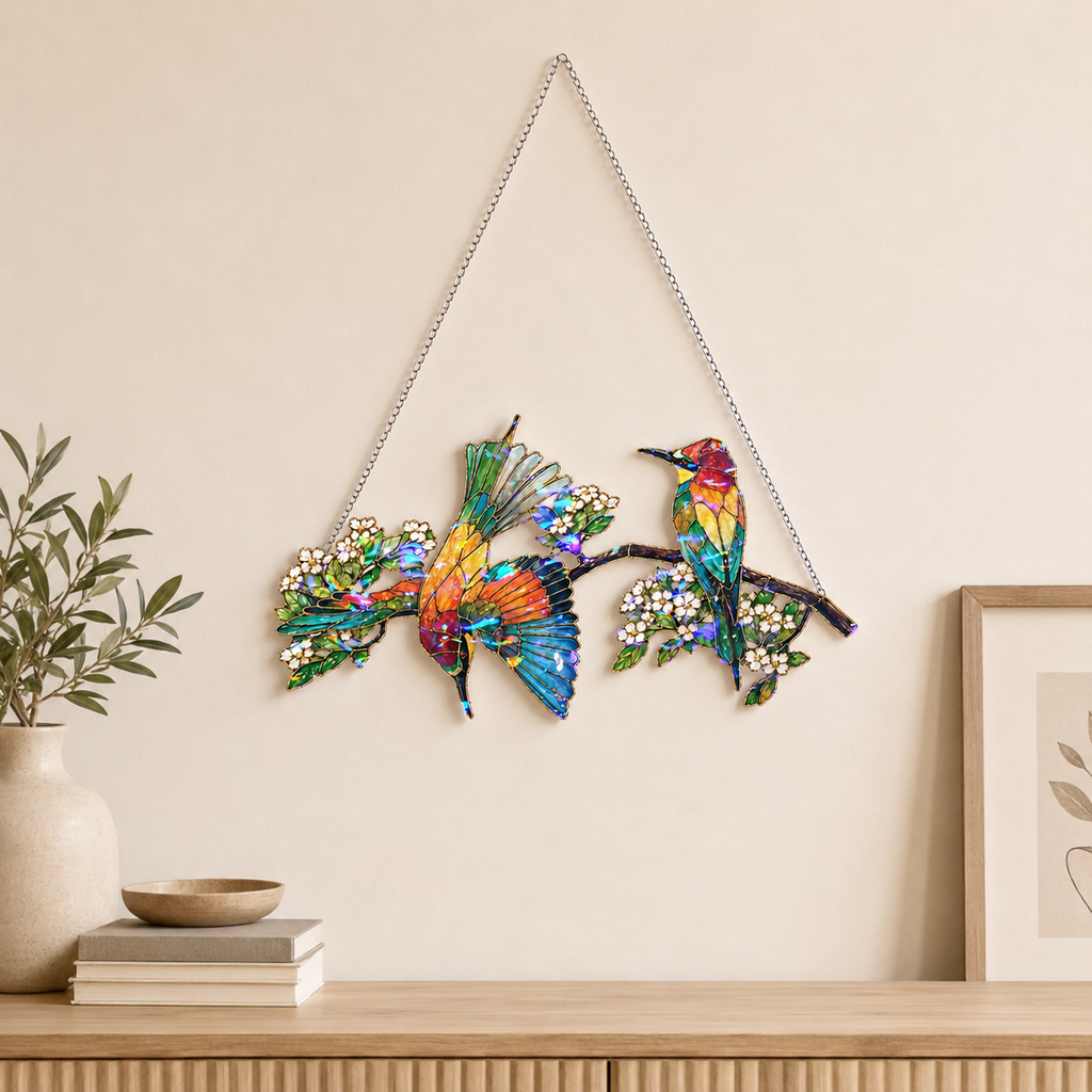 Close-up detail of the bee-eaters on a blossom branch holographic acrylic suncatcher's wavy acrylic and hologram texture