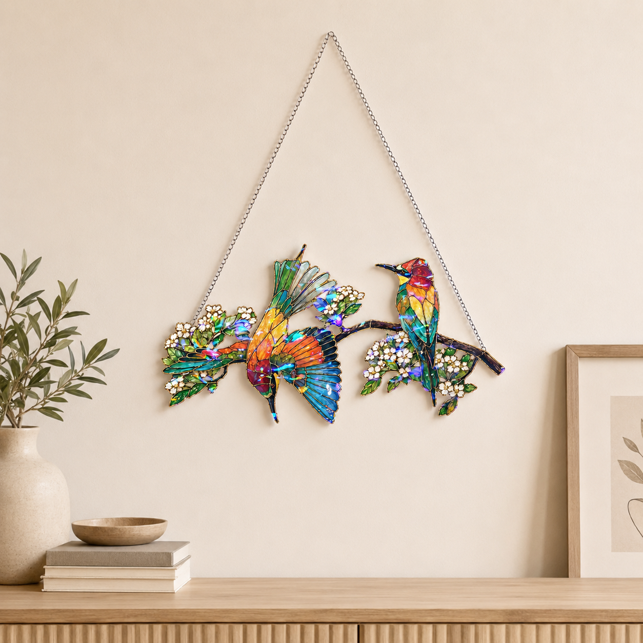 Close-up detail of the bee-eaters on a blossom branch holographic acrylic suncatcher's wavy acrylic and hologram texture