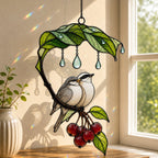 Bird Couple Under Leaf Umbrella Holographic Acrylic Suncatcher