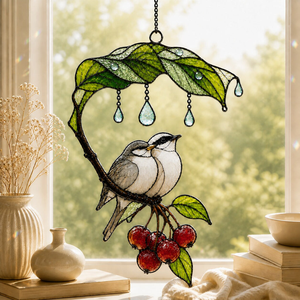 Bird Couple Under Leaf Umbrella Holographic Acrylic Suncatcher