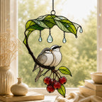 Bird Couple Under Leaf Umbrella Holographic Acrylic Suncatcher